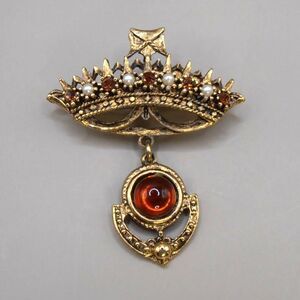 Regal Vintage Crown Brooch with Amber Drop & Pearl Accents Royal Drama Unleashed